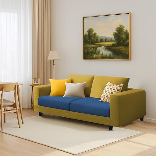 Image of Galib 2 Seater Sofa Set for Living Room (Yellow Blue Fabric) Premium Fabric Sofa Set
