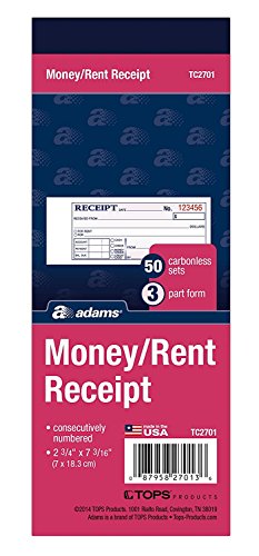 Adams Money/Rent Receipt Book, Carbonless, 3-Part, 2-3/4 x 7-3/16 Inches, 50 Sets per Book (TC2701) 3-Pack