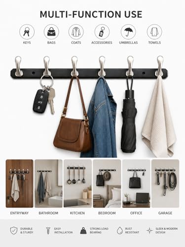 Image of ELUVIA Zinc Alloy 6 Pin Wall Hooks for Hanging Cloth and Towel Hangers for Wall Hook,Hook Rail Home Bathroom Kitchen & Bedroom (Pack of 2,Silver Black,6 Hook)
