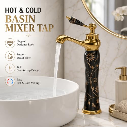 Image of Backline Basin Mixer Tap | Bathroom Basin Faucet | 12 inch Long Pillar tap for Basin | Pillar tap for Basin | Hot & Cold Basin Taps for Bathroom & Livingrooms (Black Gold)