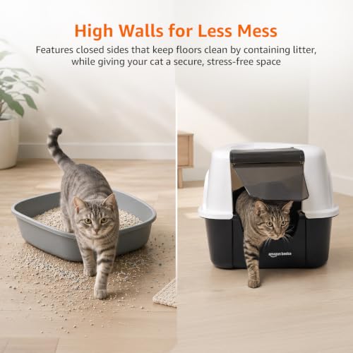 Image of Amazon Basics No-Mess Enclosed Cat Litter Box | Large Covered Litter Tray with Privacy Hood | Easy Clean Cat Washroom for Indoor Cats | White + Black | 44 X 50 X 60 cm