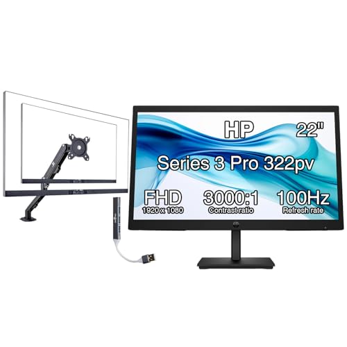 Image of HP 22 inch Series 3 Pro 322pv FHD VA Monitor with 5 ms Response Time, Anti-Glare, Flicker Free, VESA Mount (100x100mm), HDMI, VGA & Dockztorm USB, Black (9U5A2AA#ABA) & Ergoflexy Single Mount Arm