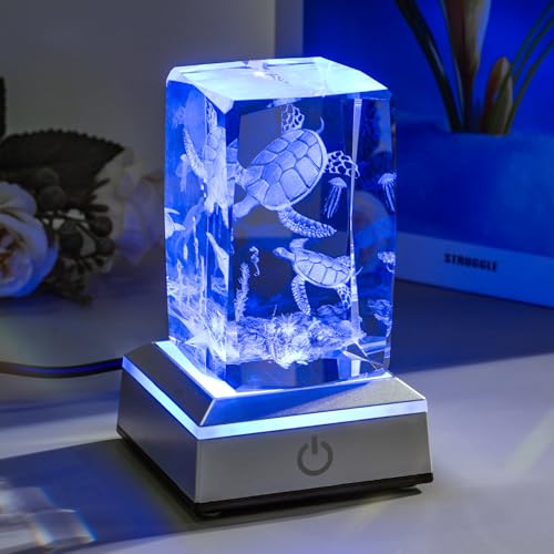 Image of 3D Crystal Night Light with Multicolor LED Base Glass Laser Engraved Sea Turtle Figurines Lamp Gifts for Boys Girls Lovers Birthday Christmas Room Decor
