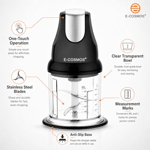 Image of E-COSMOS Ultra Fast 250 Watts Electric Chopper - Twin Blade Vegetable Cutter & Mincer - 500ml Plastic Bowl with Storage Lid - Durable 100% Copper Motor - Multi-Purpose Whisk & Blend (Black)