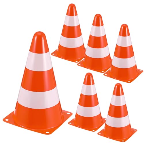 Angoily Lot de 6 Cônes de Signalisation Orange Vif 133x133x230 Mm en PE, Cônes de Chantier Compacts Haute Visibilité pour Sécurité Routière, Stationnement et Gestion du Trafic,