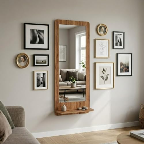 Image of Creative Arts n Frames 15x39 inch Wall Mount HD Framed Mirror with Shelf for Bathroom Bedroom Living Room Home Office Decor Items (Natural Iqurel Oak Light Mirror with Shelf Rectangular.)