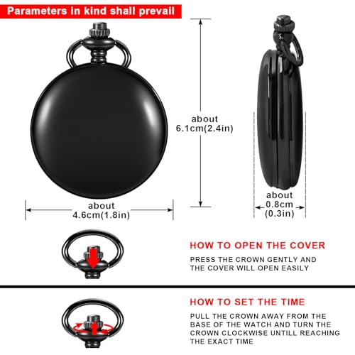 Image of Tiong Pocket Watch Vintage Quartz Pocket Watches with Chain Christmas Graduation Birthday Gifts Father's Day（Black