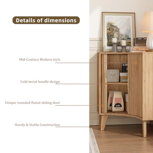 Image of Fluted Corner Cabinet, Small Corner Floor Cabinet with 2-Sliding Doors and Adjustable Shelves, Freestanding Narrow Organizer for Small Space,Living Room, Dining RoomBathroom.Natural