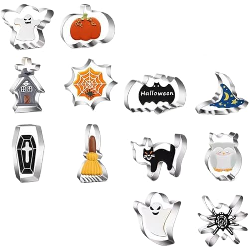 NJCXOLA Moldes Galletas Halloween de 12 Piezas: Cortadores de Galletas de Acero Inoxidable: Calabaza, Murciélago, Fantasma, Gato, Bruja, Sombrero, Esqueleto