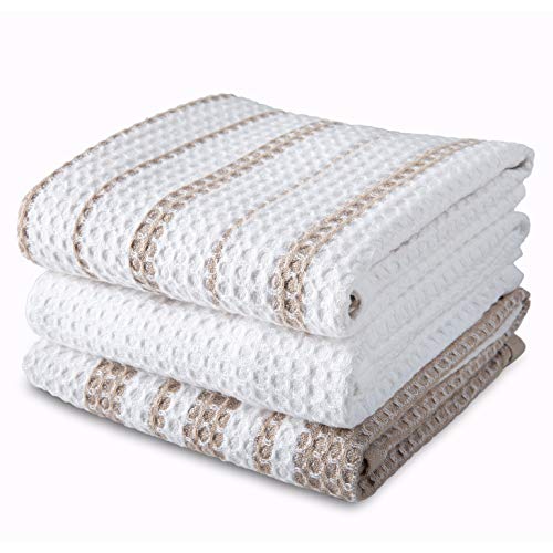 Sticky Toffee White Cotton Waffle Weave Kitchen Dish Towels, 3 Pack Kitchen Towels, 28 in x 16 in, Absorbent Towels, Drying Towels, Cleaning Towels, Tan