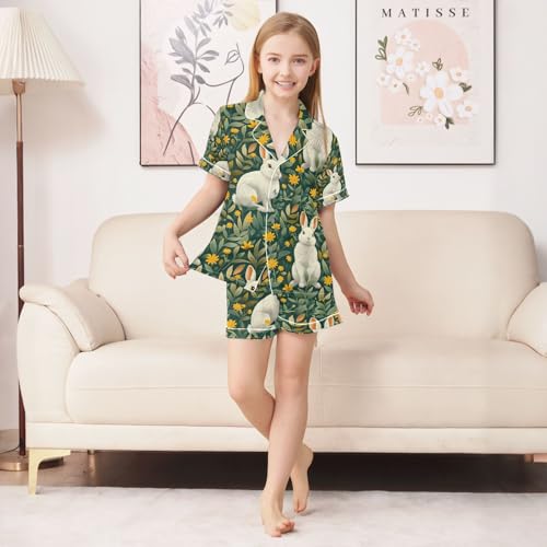 senya Flower Rabbit Yellow F Satin Summer Pajama Sets Silk Short Sleeve Button Down Sleepwear4