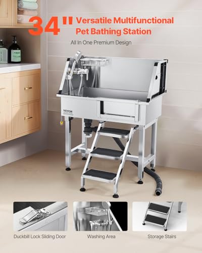 VEVOR Hundewaschstation aus Edelstahl, 870x488x1025 mm Tierpflegewanne mit Ablagetreppe, Wasserhahn, Duschkopf & Seifenhalter, Hundebadewanne, für mittelgroße & kleine Haustiere (rechte Tür)