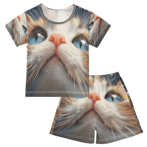 ALAZA Cat Kitten Animal Lovely Pajamas Set Short Sleeve Cotton Sleepwear Summer Pjs 2 Piece 5-14Y