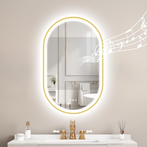 STARLEAD Gold Oval-LED-Badspiegel-mit-Beleuchtung 80x50cm, Bluetooth, Dimmbar, 3 Lichtfarben, Entfogging, Speicherfunktion, HD Hartglas, IP44, Horizon