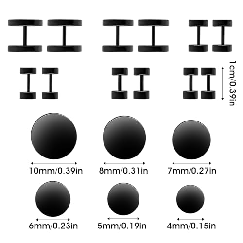 6 Pairs of Black Stud Earrings, Anti-sensitive Stainless Steel Dot Fake Gauge, Unisex Fake Earrings Set Suitable for Daily Wear and Any Occasion, 16G（4mm-10mm/0.15In-0.39In）2