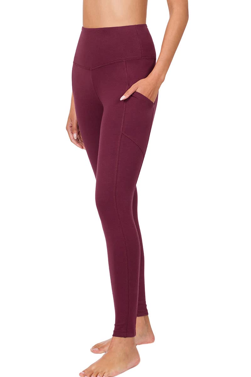 NioBe Clothing Womens High Waist Solid Cotton Yoga Pants Work Out Leggings w/Pockets (X-Large, Dark Burgundy)