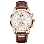 LIGE Mens Watches Waterproof Analogue Vintage Chronograph Quartz Gents Watch Brown Leather Strap Wrist Watch for Men with Date and Moon Phase Design - Elegant Watches for Men's Gifts (Gold White)