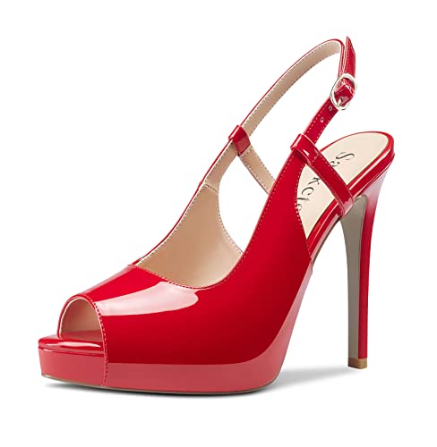 Saekcted Damen Hoher High Stiletto Plateau Plattform Absatz Heel Peep Open Zehenkappe Slingback Sandalen Hochzeit Dress Knöchelriemen Pumps 12 CM Heels Rot 39 EU Cover