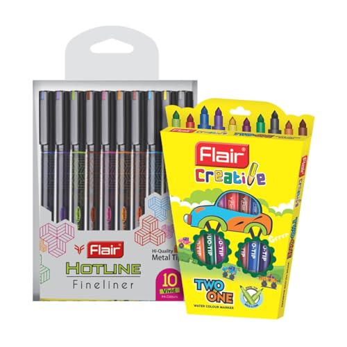 Image of Flair Creative Series 10 Vibrant Colorful Shades Hotline Fineliner & 10 Bright Multicolor Shades 2-In-1 Watercolor Pen Art Combo | Ideal for Mandala, Sketching, Doodling, Journal, Coloring, Painting