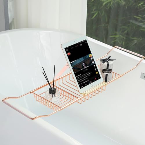 YQSMYXGS|バスタブトレー|お風呂 テーブル|お風呂ラック|バスタブトレー|錆びにくい 伸縮サイズ62-98cm|本棚付き|滑り止め|バスタブトレー|バステーブル|浴槽ラック|浴室収納|お風呂雑貨置き台| (ローズゴールド)