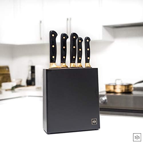Black and Gold Knife Set with Block – 6-Piece Luxe Kitchen Knives with Block and Sharpener