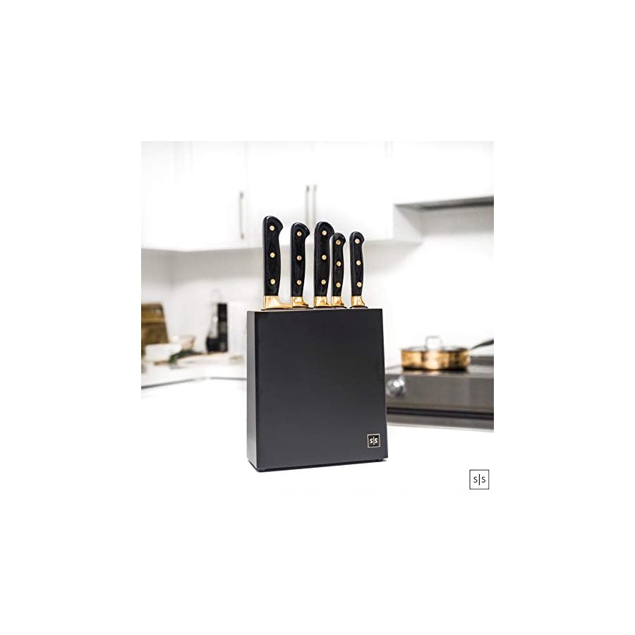 Black-and-Gold-Knife-Set-with-Block-6-PC-Luxe-Gold-Kitchen-Knife-Set-with-Block-Self-Sharpening-Modern-Knife-Set-with-Self-Sharpening-Knife-Block-Set-Black-and-Gold-Kitchen-Accessories Black and Gold Knife Set with Block - 6-Piece Luxe Kitchen Knives with Block and Sharpener - Modern Black and Gold Kitchen Accessories for Stylish Cooking