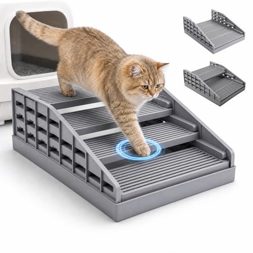 MOVENTY Senior & Kitten Litter Box Step for Tracking Control & Joint Care, Washable 4-Layer Adjustable Height Litter Ramp, Anti-Slip Litter Step Stool, Fits Automatic & Standard Litter Boxes, Gray