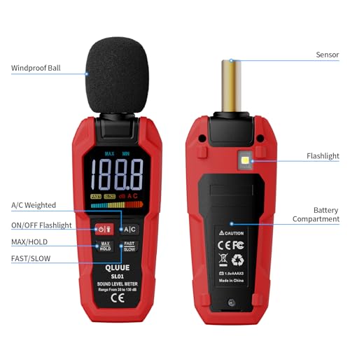 QLUUE Schallpegelmessgerät, digitaler tragbarer Dezibelmesser, 30 dB bis 130 dB, A/C-gewichtetes LCD-Display, kann zu Hause, in der Fabrik und auf der Straße verwendet werden