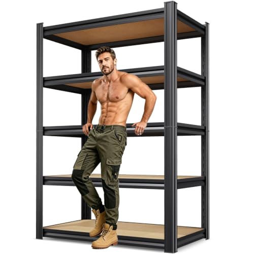KORVENA 71.2''H Storage Shelves, 2500lbs Garage Shelving,Adjustable Heavy Duty Shelving Unit,5T Tall Garage Shelves，Wood Metal Standing Shelf Units,Utility Rack for Kitchen 71.2''H*31.5''W*13.8''D