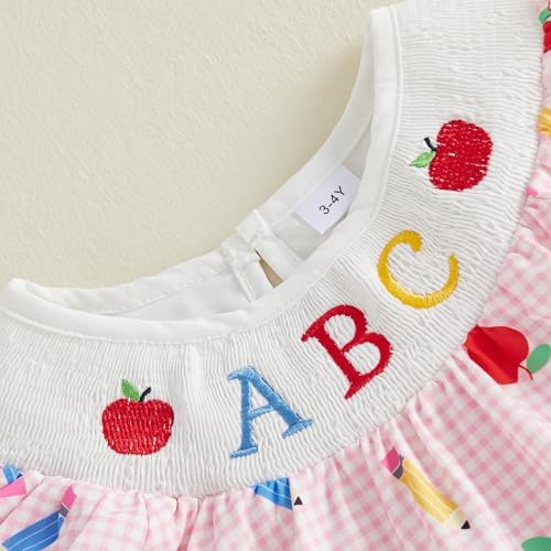 Toddler Girls Back to School Outfit ABC Apple Embroidery Pencil Flying Sleeve Smocked A Line Dress Kids Gingham Dress — 사진 5