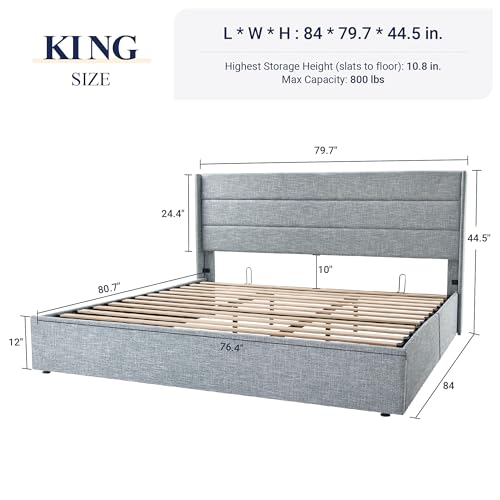 Allewie King Size Lift Up Storage Bed, Modern Wingback Headboard, Hydraulic Support, No Box Spring Needed, Grey Blue