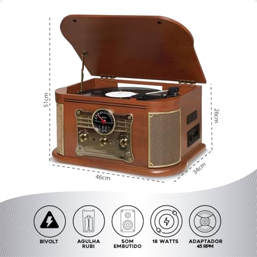 Raveo Vitrola Spazio com Toca-discos de 3 velocidades, Rádio FM, CD e Cassete players, USB e SD (rep