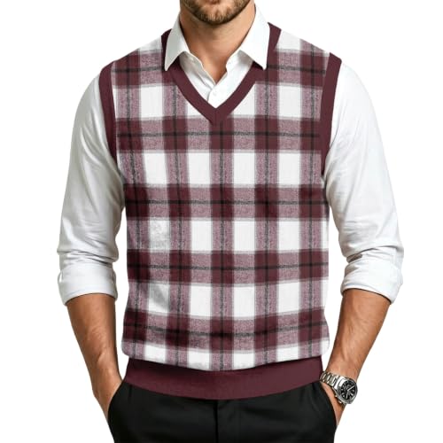 Christmas Sweater Vest Men V Neck Plaid Knit Lightweight Pullover Sweater - image 1