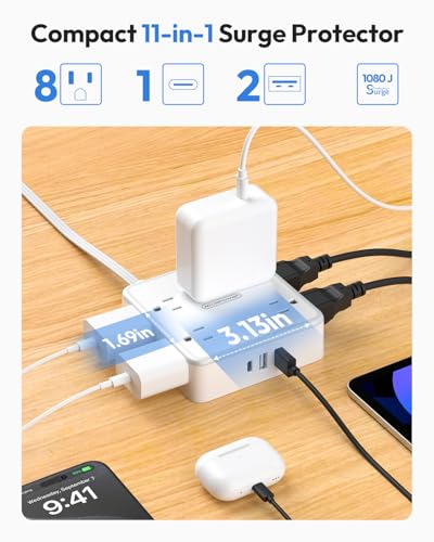 NTONPOWER 15 FT Flat Extension Cord with 8 Widely Outlets 3 USB Ports (1 USBC), 1080J Surge Protector Power Strip, White Desk Charging St...