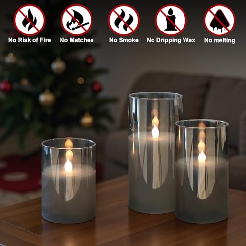 Image of GenSwin Gray Glass Battery Operated Flameless Led Candles with 10-Key Remote and Timer, Real Wax Candles Warm White Flickering Light for Home Decoration(Set of 3)