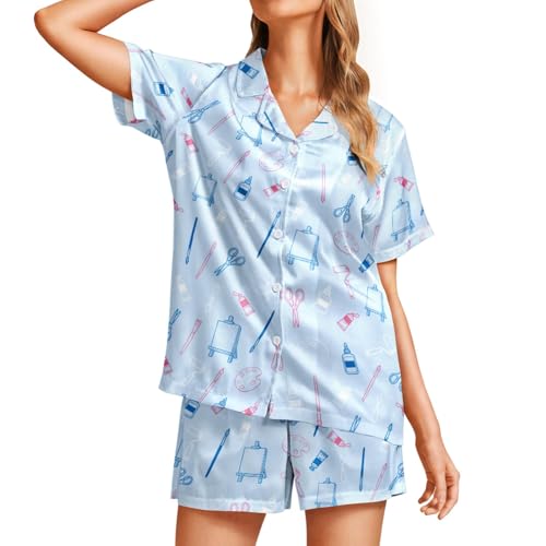 Image of Funny Pajamas for Women Set Print Satin Loungewear Pjs Short Sleeve Button Down Top and Shorts Sets Sleepwear XS-3XL