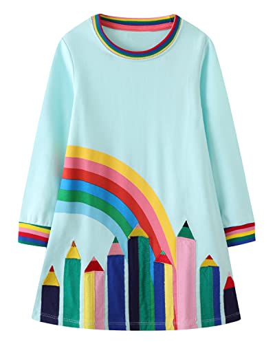Image of Girls Cotton Long Sleeve Casual Cartoon Appliques Striped Jersey Dresses