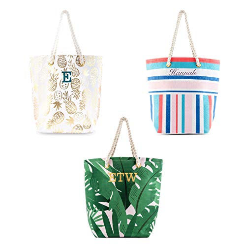 WEDDINGSTAR Personalized Monogrammed Cotton Canvas Beach Tote Bag - Bright Stripes