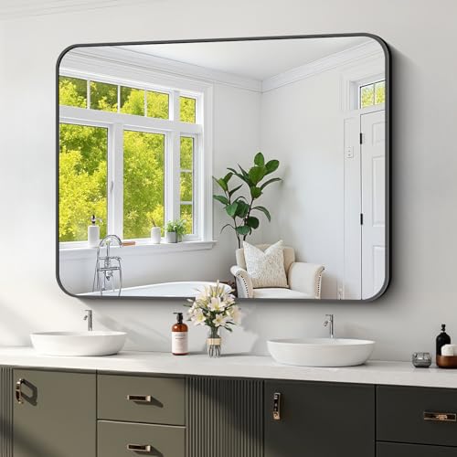 Koonmi Black Framed Bathroom Mirror - 36x48 Inch Shatterproof Tempered Glass Vanity Mirror for Bathroom Sink, Wall Mounted with Matte Aluminum Alloy Frame, No Distortion, Modern Decor