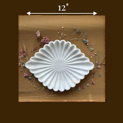 Image of Marble Urli Bowl for Decoration | Big Potpourri Decorative Bowls in Home decor | Large White Floating Flower Plates of Stone | Small Shape puja Item | (12 inch, Eye Scallop)