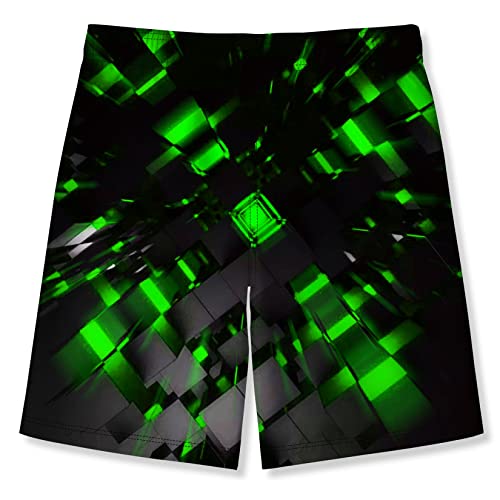 Young Boys Cool Board Shorts Optical Illusion Graphic Board Shorts Black Green Blocks Print Beach Short For Teens 13-14 Years #TOP1