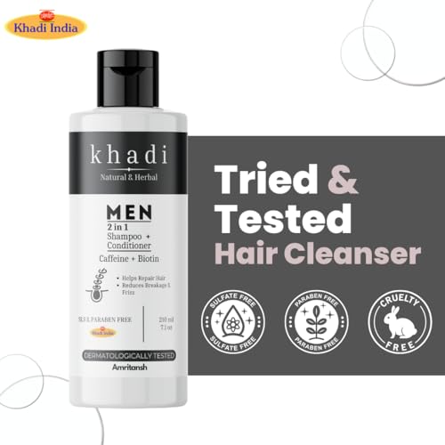 Image of Khadi Natural MEN 2-in-1 Shampoo + Conditioner | With Caffeine & Biotin | Repairs Hair Damage | Reduces Hair Breakage & Frizz | Sulfate & Paraben Free | 210 ml