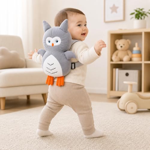 Image of GLUN Baby Cute Owl Soft Cushioning Fall Protector Backpack Pack of 1 Grey Colour, Adjustable Shoulder Belt, Head Protection Back for 6-12 Month Toddler Babies
