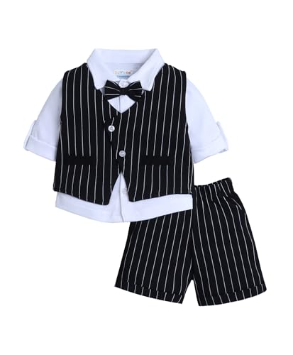 Image of BUMZEE Boys Regular Fit Full Sleeves Collar Neck Cotton Shirt Waistcoat Short Set with Applique Bow