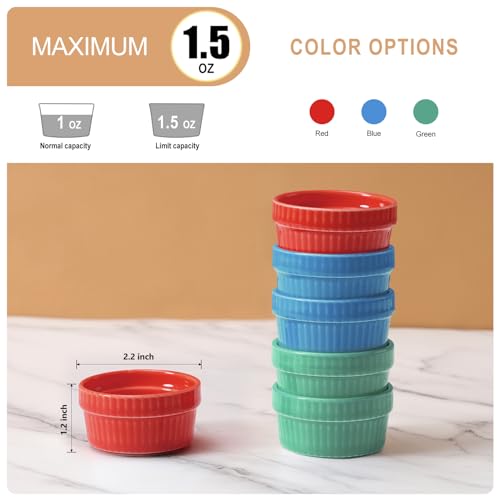 Mini Ramekins 1.5 oz Dipping Sauce Cups Ceramic Tiny Ramekins Set of 6 - Porcelain Souffle Dish Condiment Cups Small Bowls for Charcuterie Board, Microwave & Oven Safe, BlueGreenRed