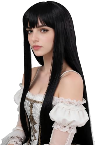 Perruques longues et raides noires pour filles et déguisement d'Halloween