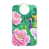 Yoogain Babero de alimentación para adultos, reutilizable, impermeable, con recogedor de migas plegable, para mujer, estilo chino, grulla, peonía, verde