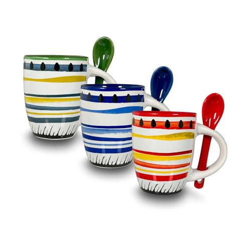 ARCA, Set 3 Tazzine da Caffè Apulia Spirale con Cucchiaino, Realizzate in Ceramica Decorata, Lavabili in Lavastoviglie, Capacità 90 ml, 6x7 cm, Colori Assortiti