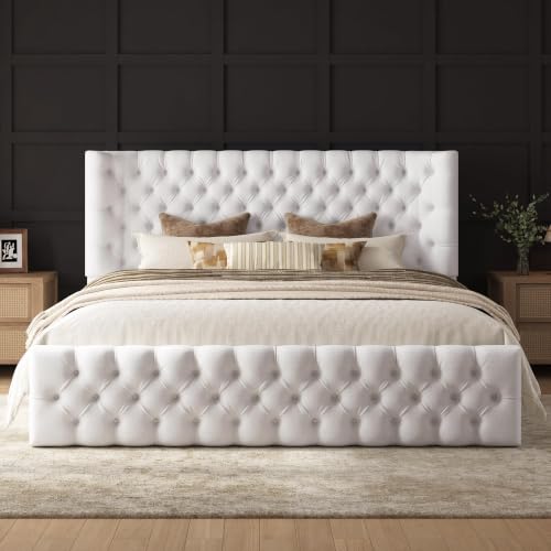 Image of AMERLIFE King Upholstered Bed with Headboard, Wingback, White Linen