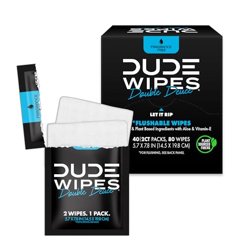 Image of DUDE Wipes Double Deuce Unscented Travel Wipes - 2 Wipes per Pack (40 packs, 80 Count) - On-The-Go Adult Flushable Wipes for Sensitive Skin - Infused with Vitamin E and Aloe - Septic and Sewer Safe